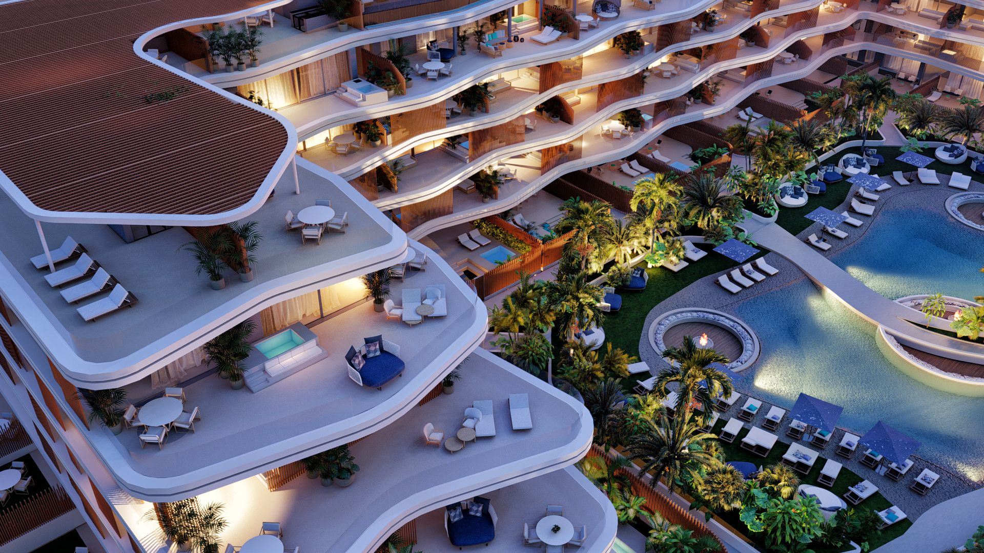 apartment terraces with shape of waves at night